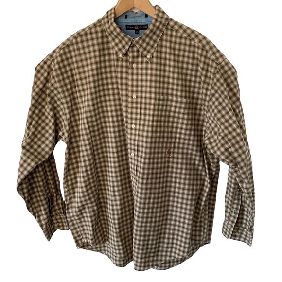 Vintage Tommy Hilfiger Shirt Mens XL Tan Plaid Long Sleeve Button Down Cotton - Picture 2 of 7